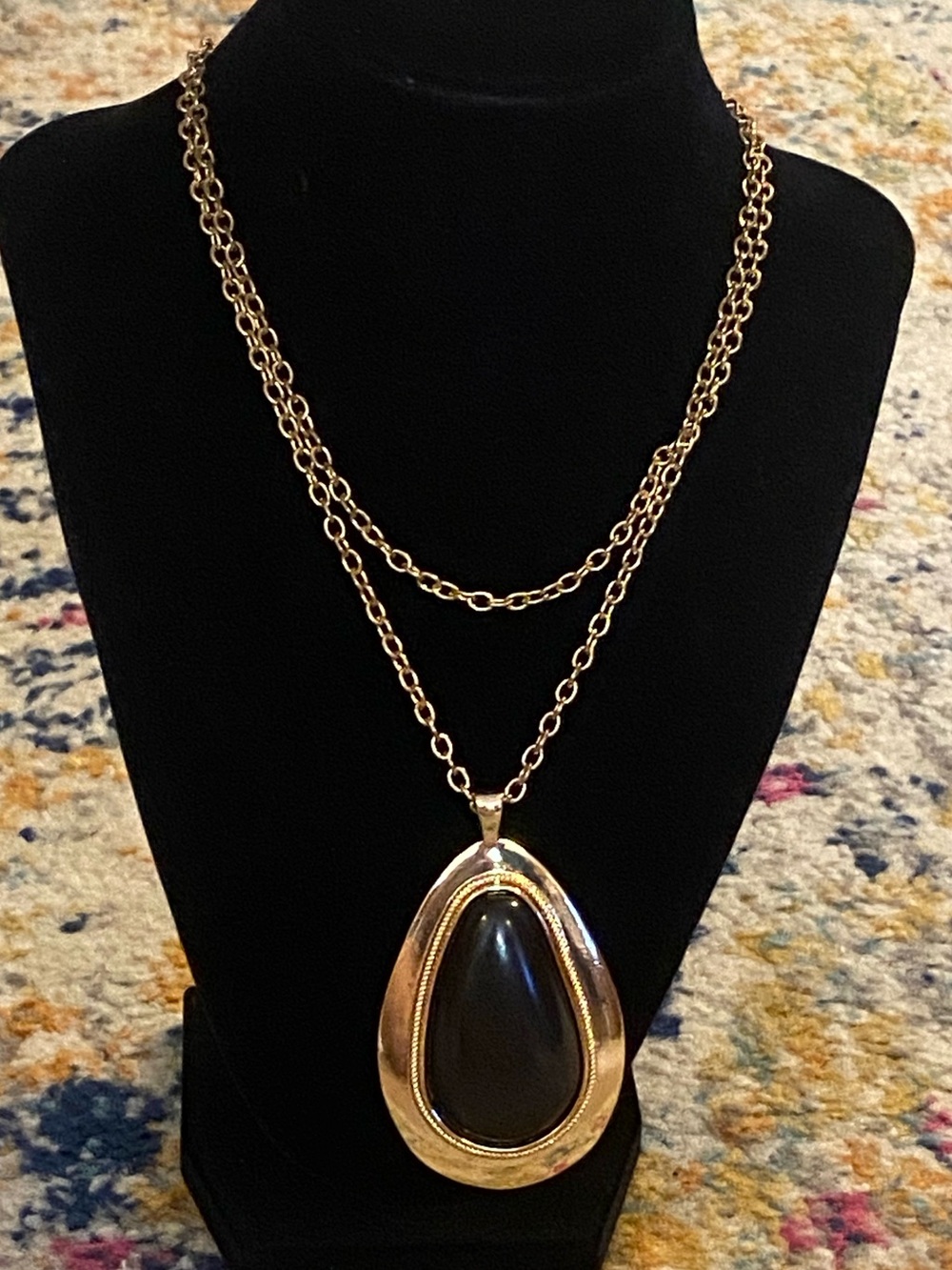 Vintage Large Gold Teardrop Pendant Necklace Black Stone Statement Piece